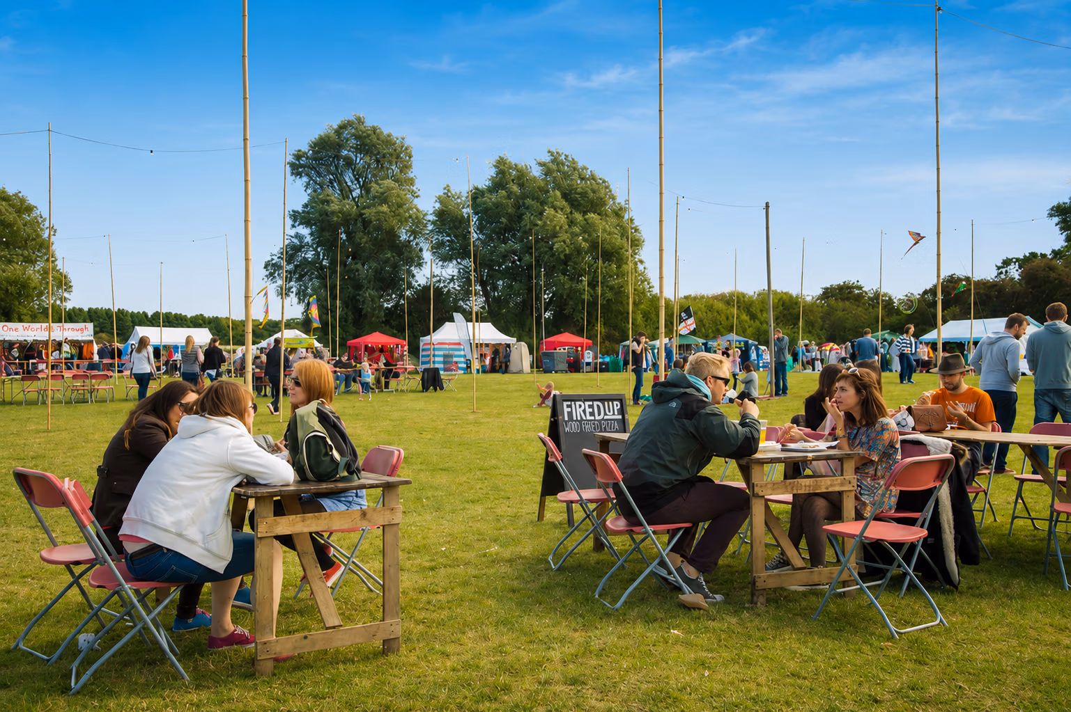 The Market Square at LodeStar Festival near Cambridge, large grass area for catering and stall traders to supply festival goers sitting at tables eating and drinking.